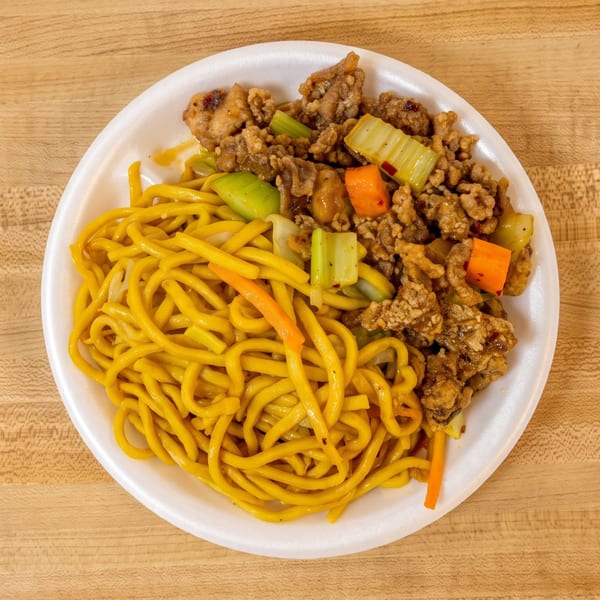A white plate holds lo mein noodles and General Tso's chicken with carrots and celery.