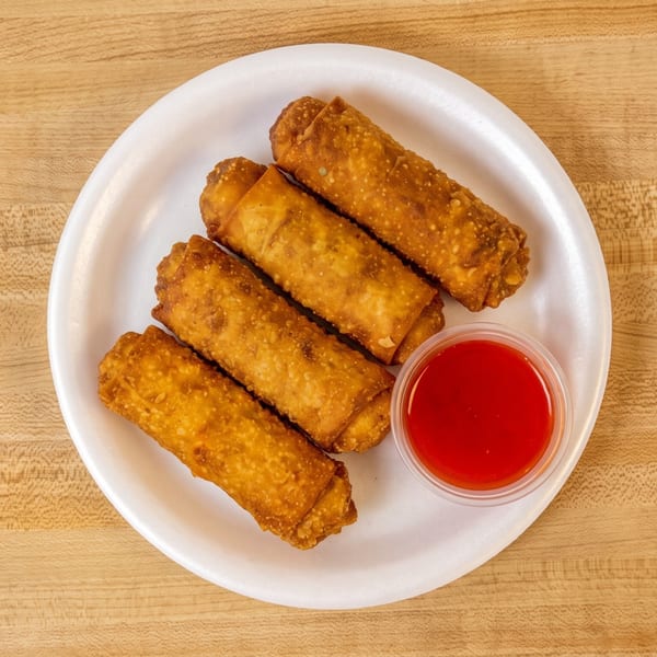 Four crispy egg rolls and a small cup of red dipping sauce on a white plate.